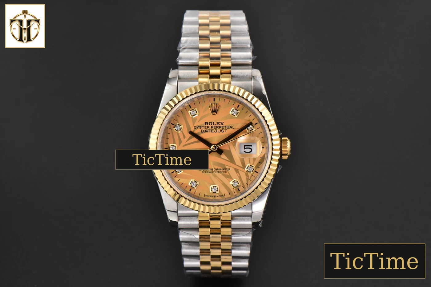 Vista frontal — DateJust 36mm BPF YG/SS Fluted YG Plam Dial Diamond Marker Jubilee Bracelet 3235