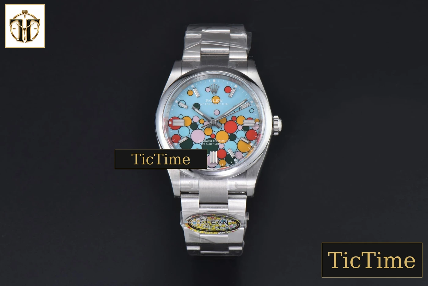 Vista frontal — Oyster Perpetual 904L 126000 36mm Clean Factory Tiffany Blue Celebration Ballon Dial SS Bracelet VR3230