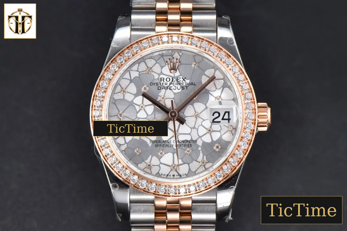 DateJust 904L 31mm GMF RG/SS Diamond Bezel Silver Flowers Dial Jubilee Bracelet A2824 — foto 2