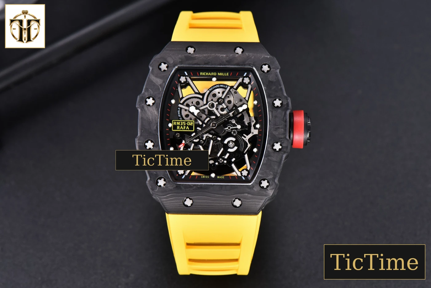 Vista frontal — RM035-02 KVF Skeleton Dial Red Yellow Rubber Strap V3 Miyota8215