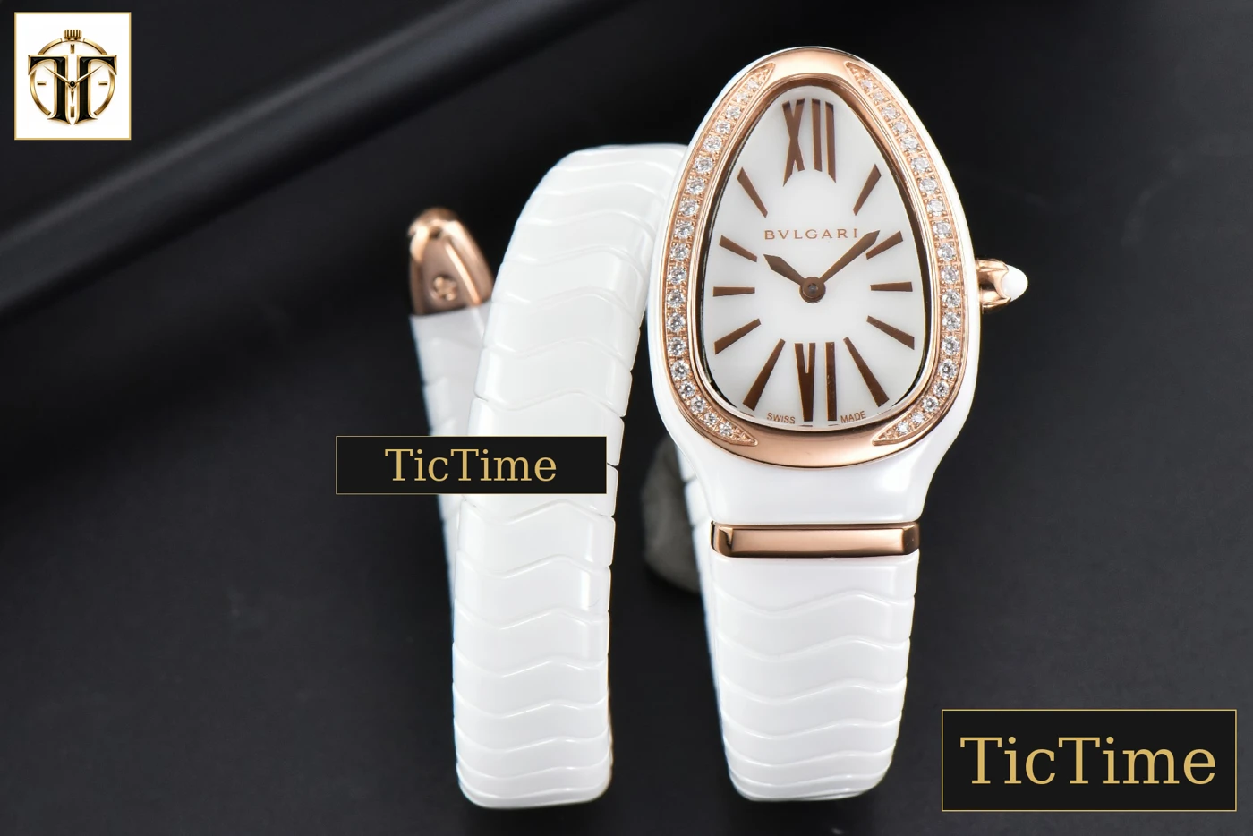 Vista frontal — Serpenti Spiga 35mm BVF RG White Ceramic White Dial Diamond Bezel Quartz