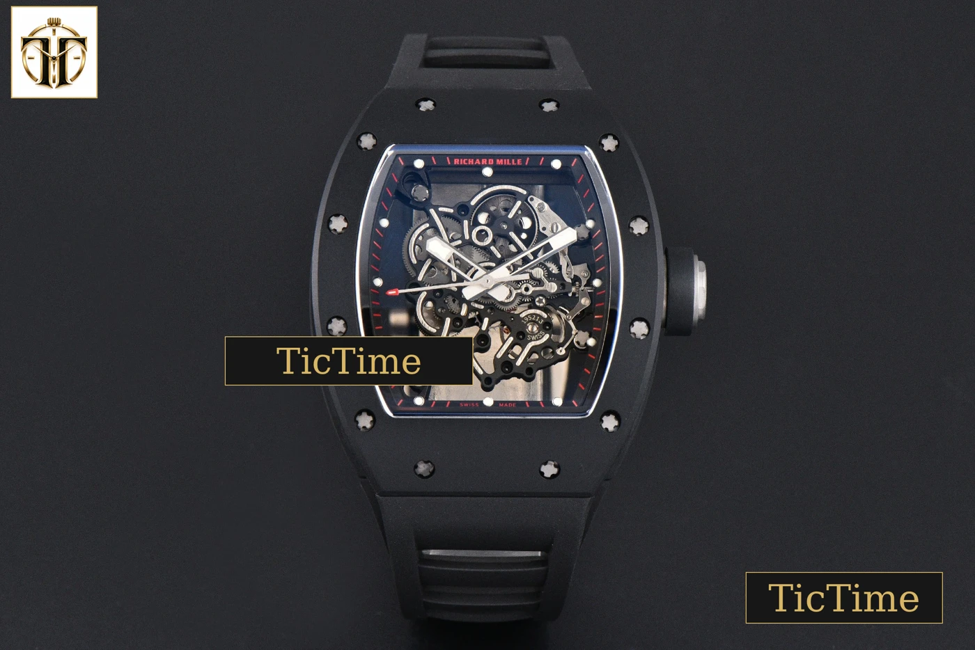 Vista frontal — RM055 42.7mm APSF Ceramic Black Bezel Black Skeleton Dial Black Crown Black Rubber Strap RMUL2