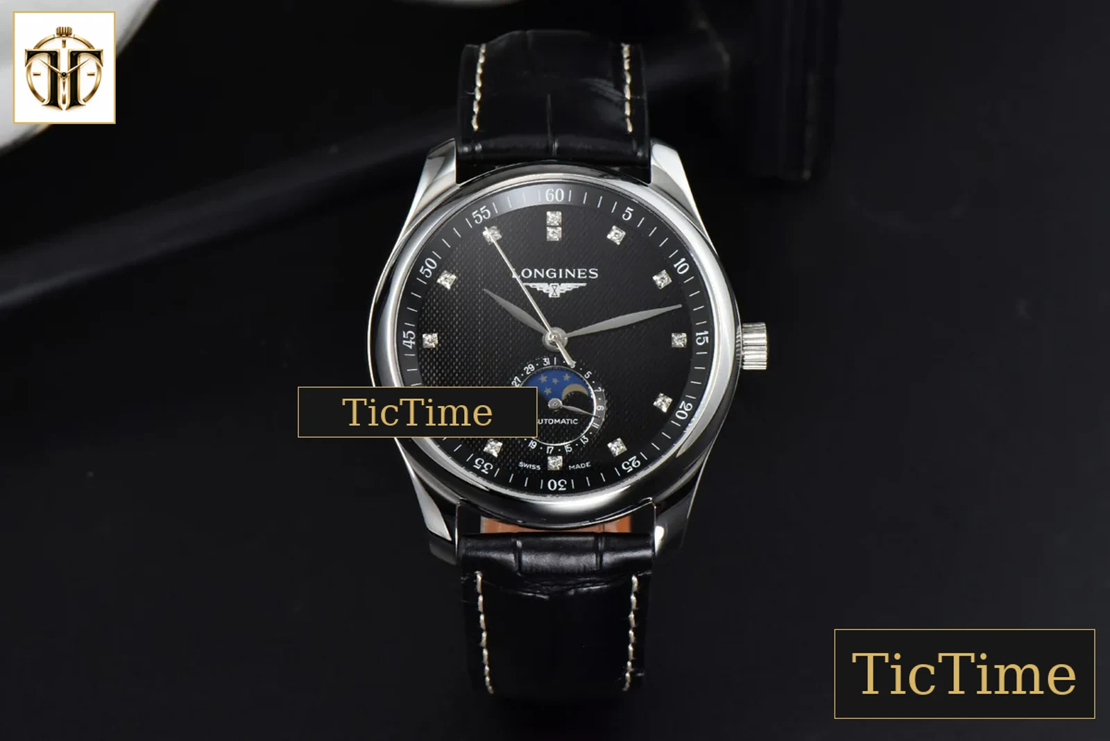 Master Moonphase 40mm GF Black Dial Diamond Marker Black Leather Strap A899 — foto 3