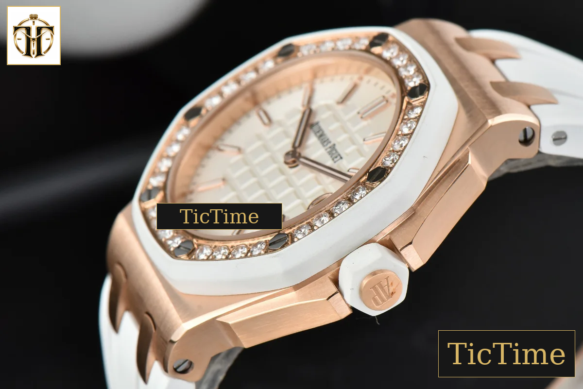 Royal Oak Offshore Ladies 33mm RXWF RG Moissanite White Dial Diamonds Bezel White Rubber Strap Swiss Quartz — foto 8
