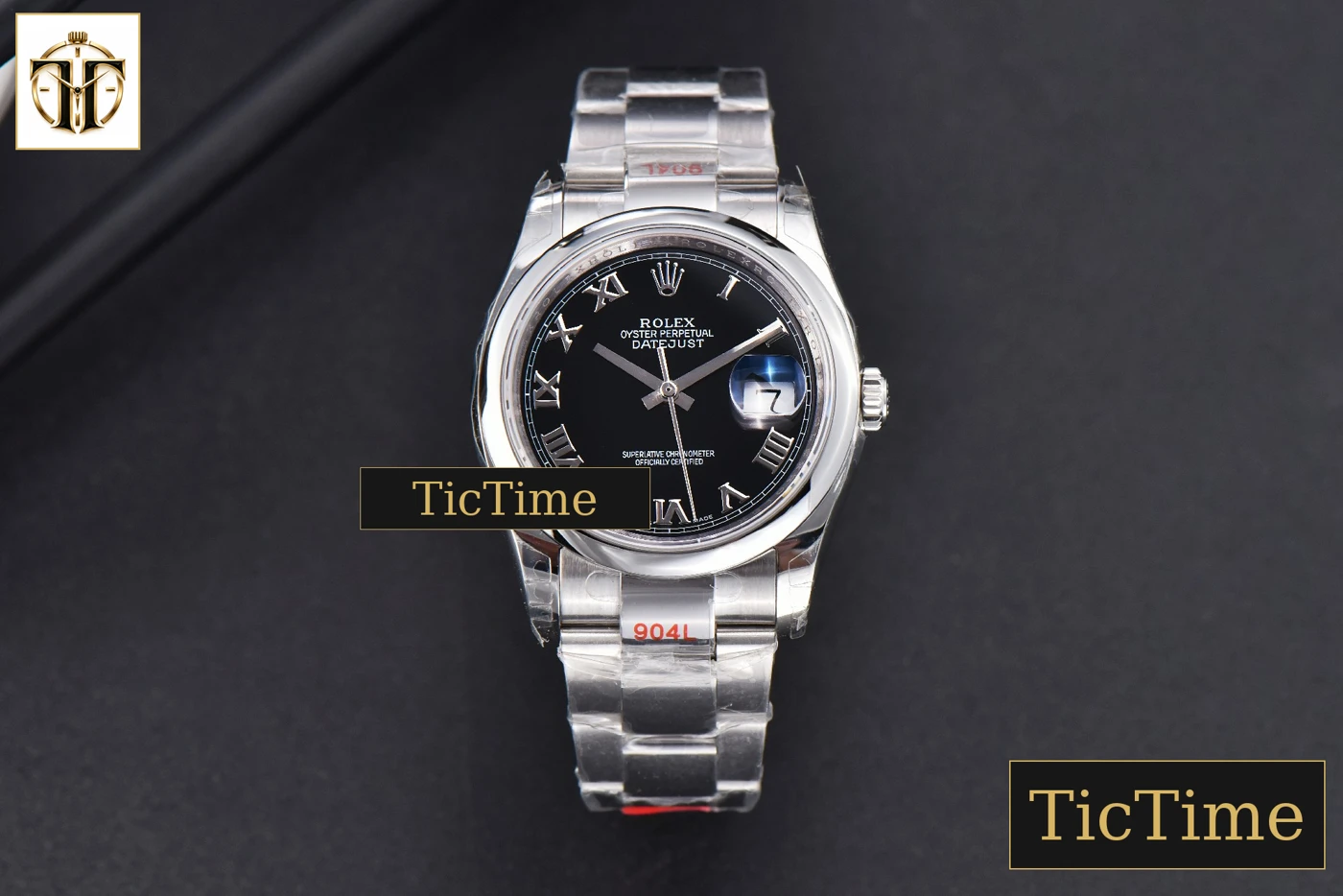 Vista frontal — DateJust 36mm GMF SS Smooth Bezel Black Dial Roma Marker Oyster Bracelet VR3235