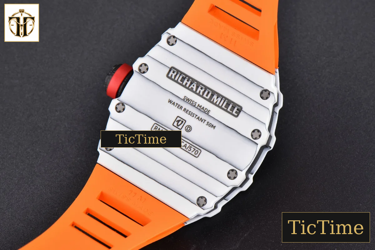 RM035-02 42mm T+F White Forged Carbon Skeleton Dial Red Crown Orange Rubber Strap RMUL2 — foto 24