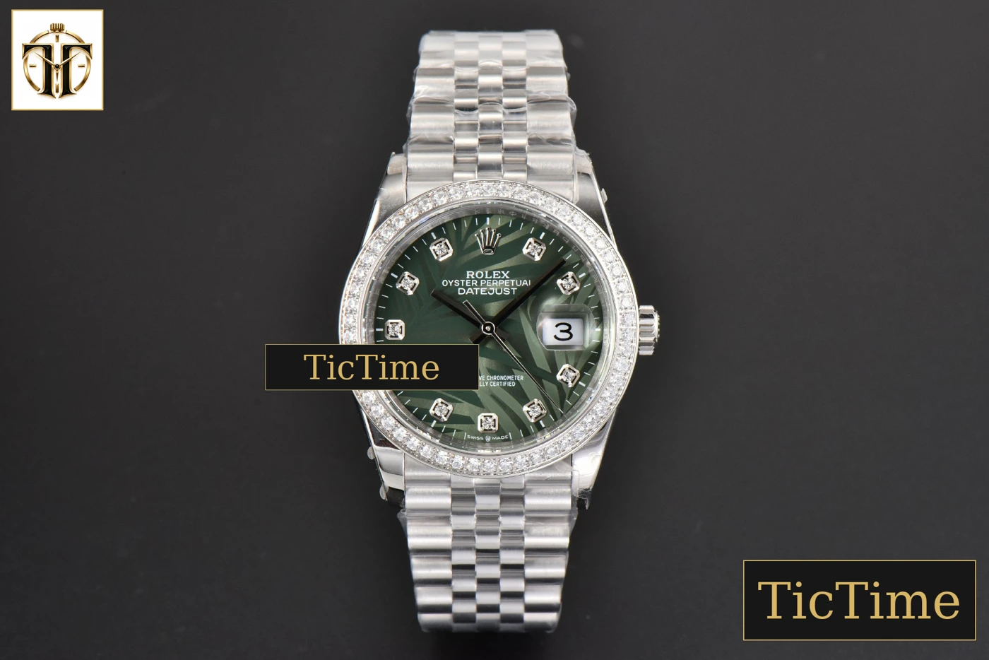 Vista frontal — DateJust 36mm BPF Diamond Green Plam Dial Diamond Marker Jubilee Bracelet 3235