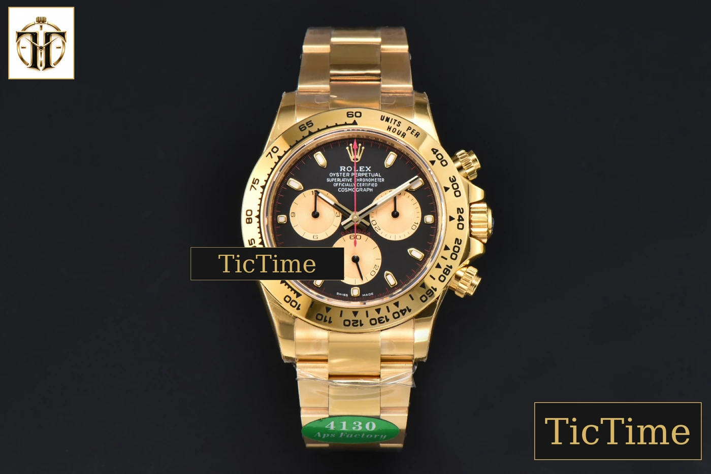 Vista frontal — Daytona 116508 APSF YG Black/YG Dial Lume Marker Red Hand YG Bracelet SH4130