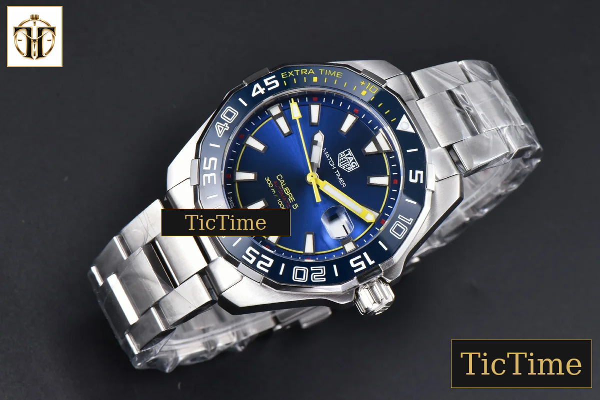 Aquaracer Calibre 5 43mm OF Blue Dial Blue Bezel Yellow Hands SS Bracelet Swiss SW200 — foto 4