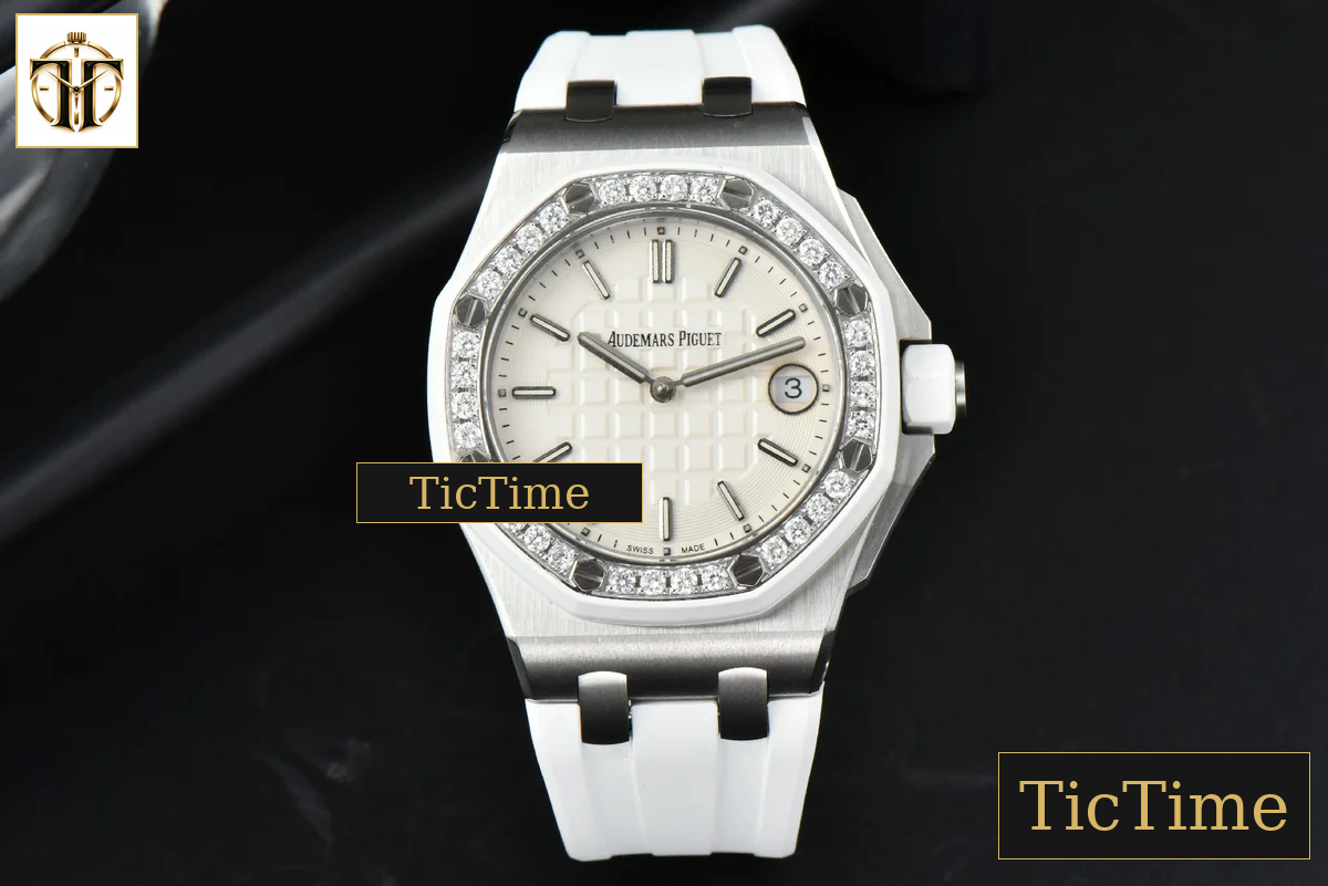 Royal Oak Offshore Ladies 33mm RXWF SS Moissanite White Dial Diamonds Bezel White Rubber Strap Swiss Quartz — foto 3