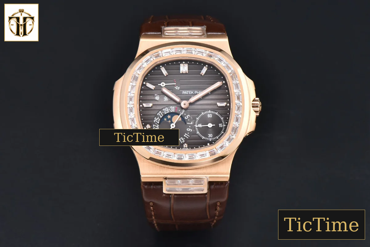 Nautilus 5712 40mm PPF RG Diamond Bezel Gray Dial Diamond Marker Moonphase Brown Leather Strap A240 — foto 2