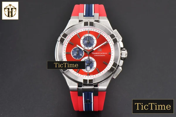 Foto frontal — Aikno Chrono 44mm OF Red/Blue Dial Red Rubber Strap Swiss Quartz