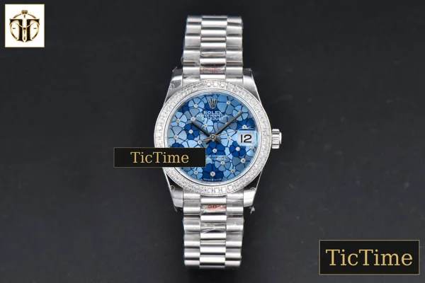Foto frontal — DateJust 904L 31mm GMF Diamond Bezel Blue Flowers Dial President Bracelet A2824