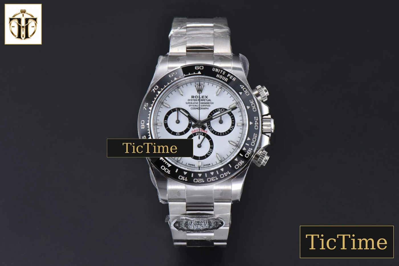 Vista frontal — Daytona Panda 904L 126500 40mm Clean Factory White Dial Black Bezel SS Bracelet DD4131