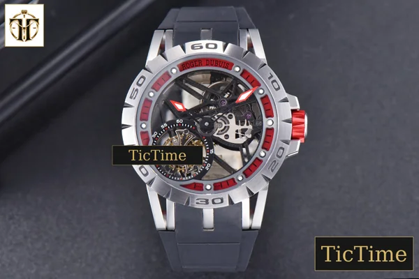 Foto frontal — Excalibur Sports Tourbillon 46mm JBF Titanium Skeleton Dial Red Crown Black Rubber Strap