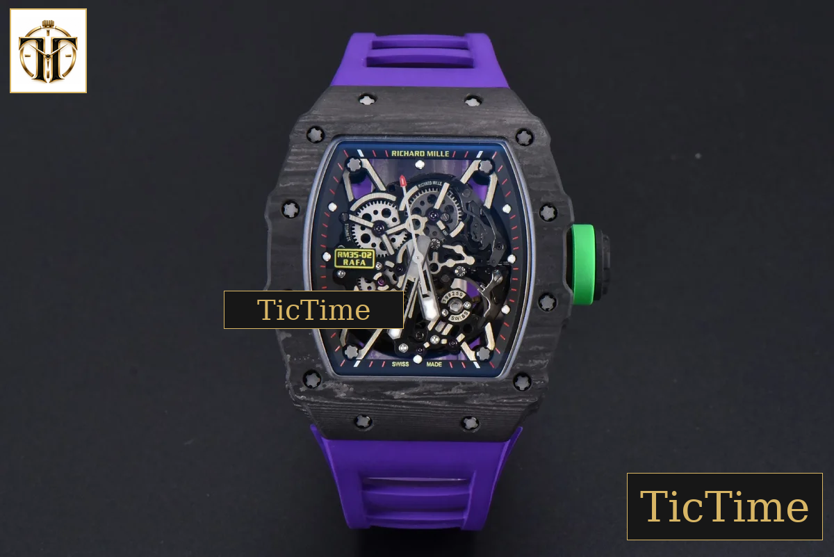 RM035-02 42mm T+F Black Forged Carbon Skeleton Dial Green Crown Purple Rubber Strap RMUL2 — foto 3