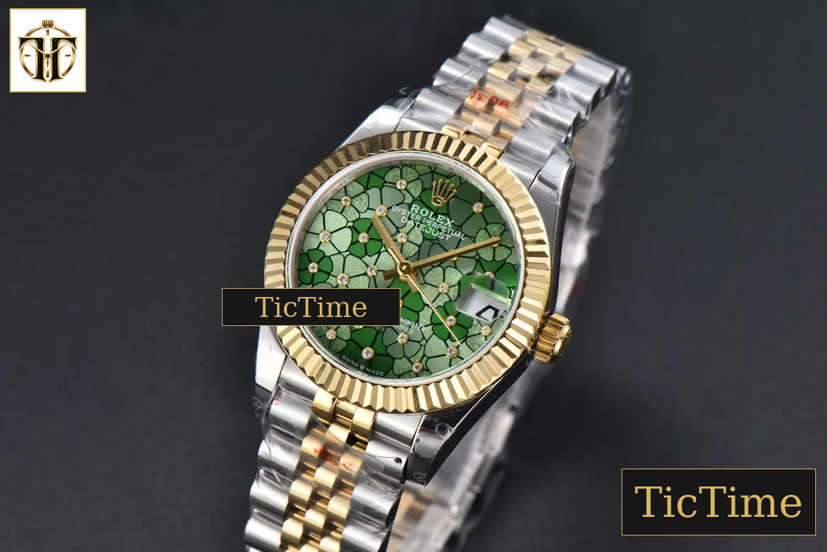 DateJust 904L 31mm GMF YG Fluted Bezel Green Flowers Dial Jubilee Bracelet A2824 — foto 4