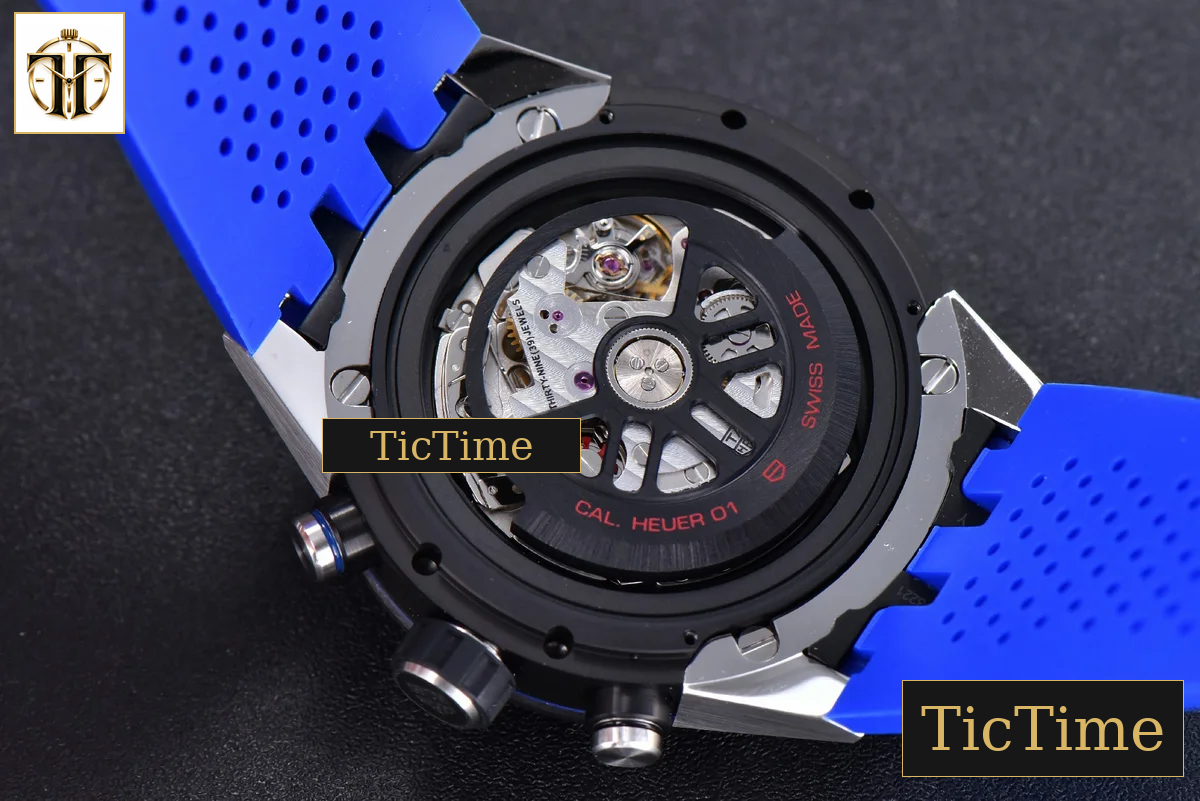 Calibre Heuer 01 Chrono 45mm XF PVD Skeleton Dial Blue Hand Blue Rubber Strap A1887 — foto 17