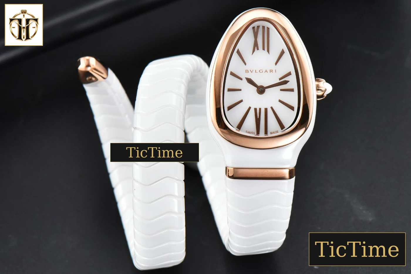Vista frontal — Serpenti Spiga 35mm BVF RG White Ceramic White Dial Quartz