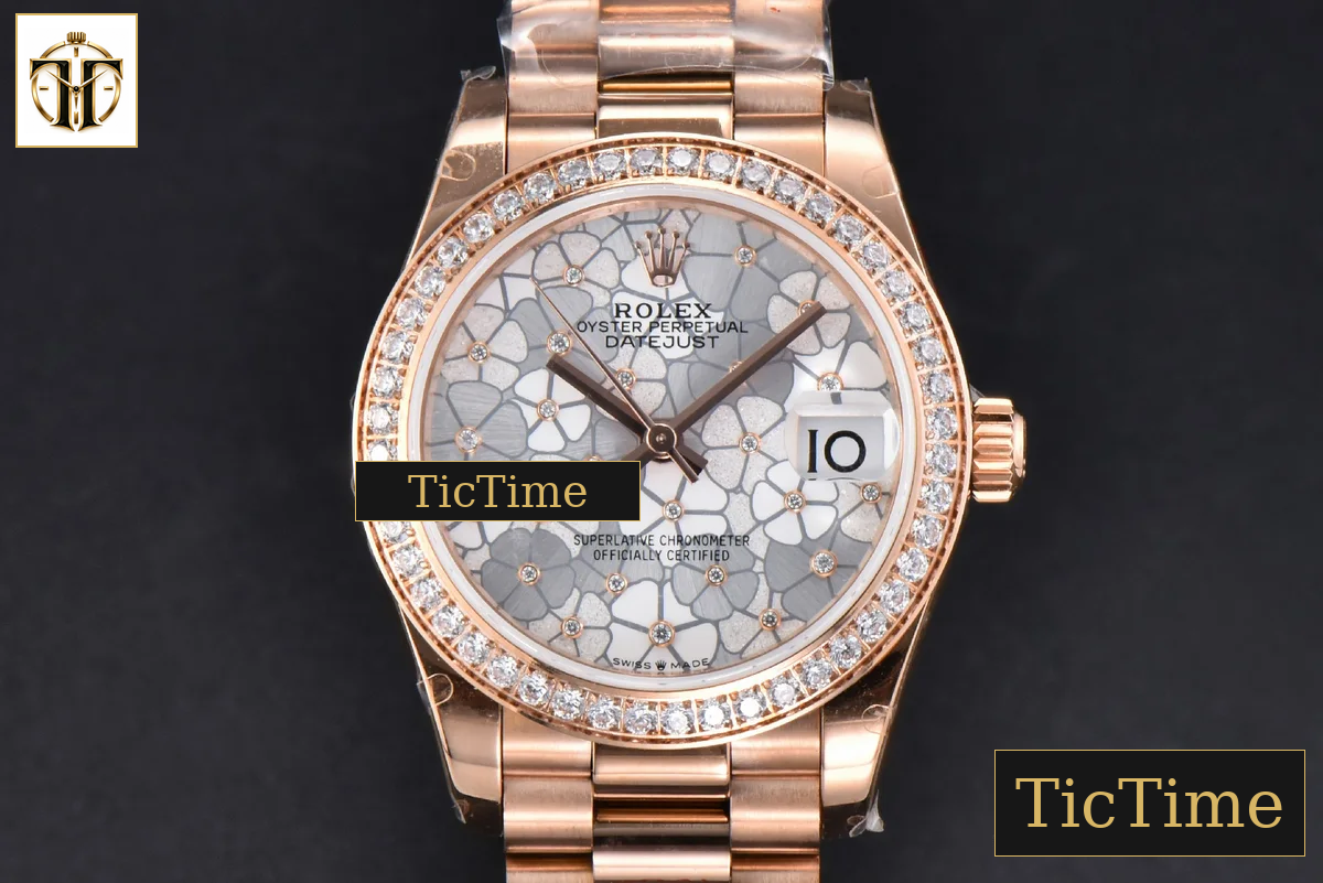 DateJust 904L 31mm GMF RG Diamond Bezel Silver Flowers Dial President Bracelet A2824 — foto 2