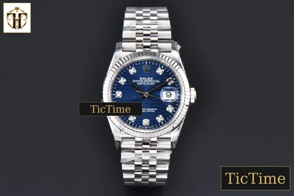 Foto frontal — DateJust 904L 36mm VSF Blue Motif Dial Diamond Marker Jubilee VS3235