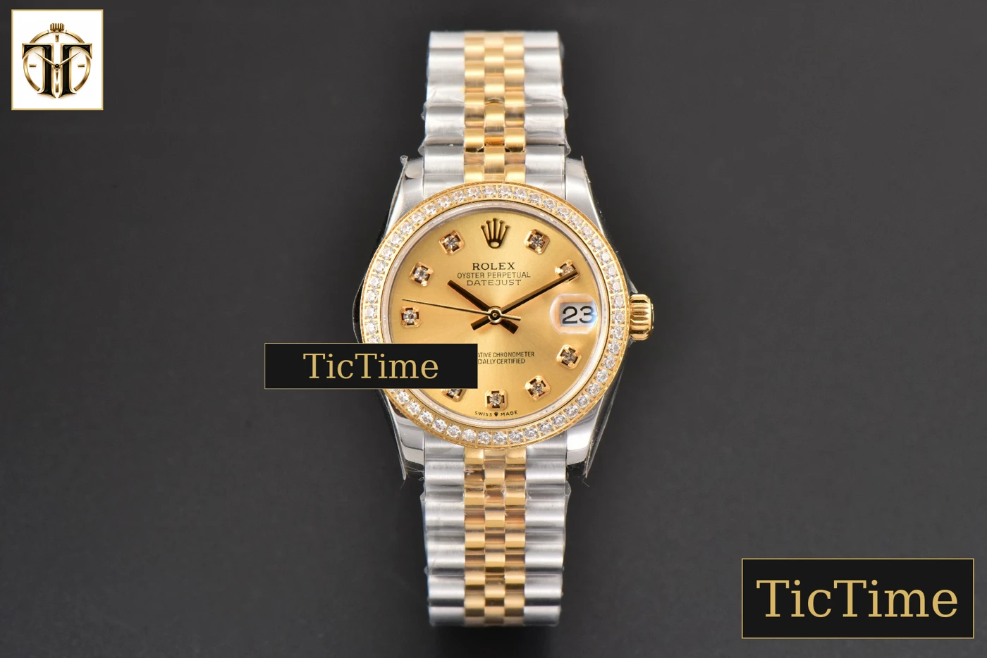 Vista frontal — DateJust Ladies 904L 31mm WF YG/SS Diamond YG Dial Diamond Marker Jubilee Bracelet A2671