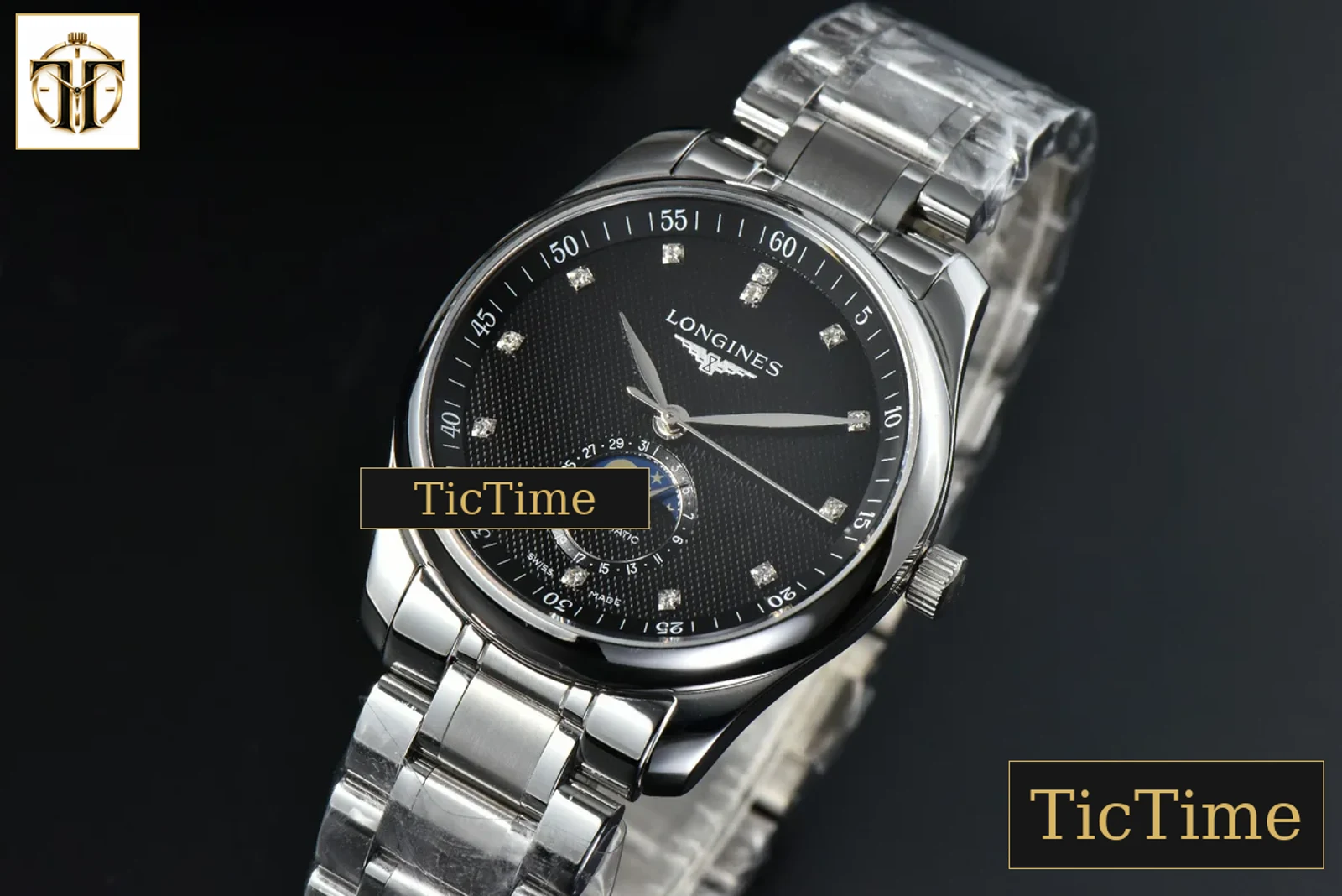 Master Moonphase 40mm GF Black Dial Diamond Marker SS Bracelet A899 — foto 12
