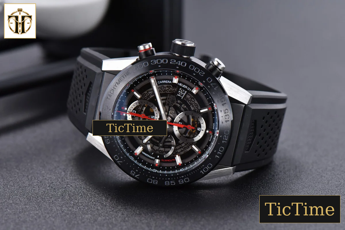 Calibre Heuer 01 Chrono 45mm XF PVD Skeleton Black Dial Red Hand Black Rubber Strap A1887 — foto 14