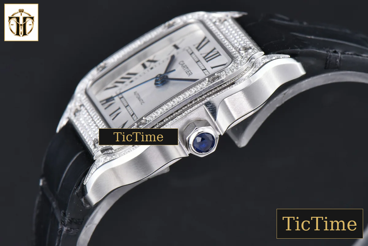 Santos de Cartier Medium 35mm AF SS White Dial Diamond Bezel Black Leather Strap Miyota 9015 — foto 9