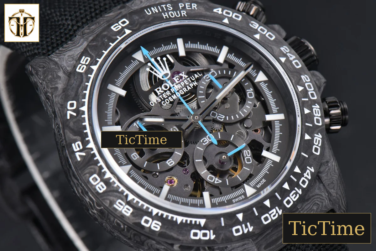 Daytona Montoya Carbon Fiber 40mm DIWF Skeleton Dial Blue Hand Black Nylon Strap 4130 — foto 18
