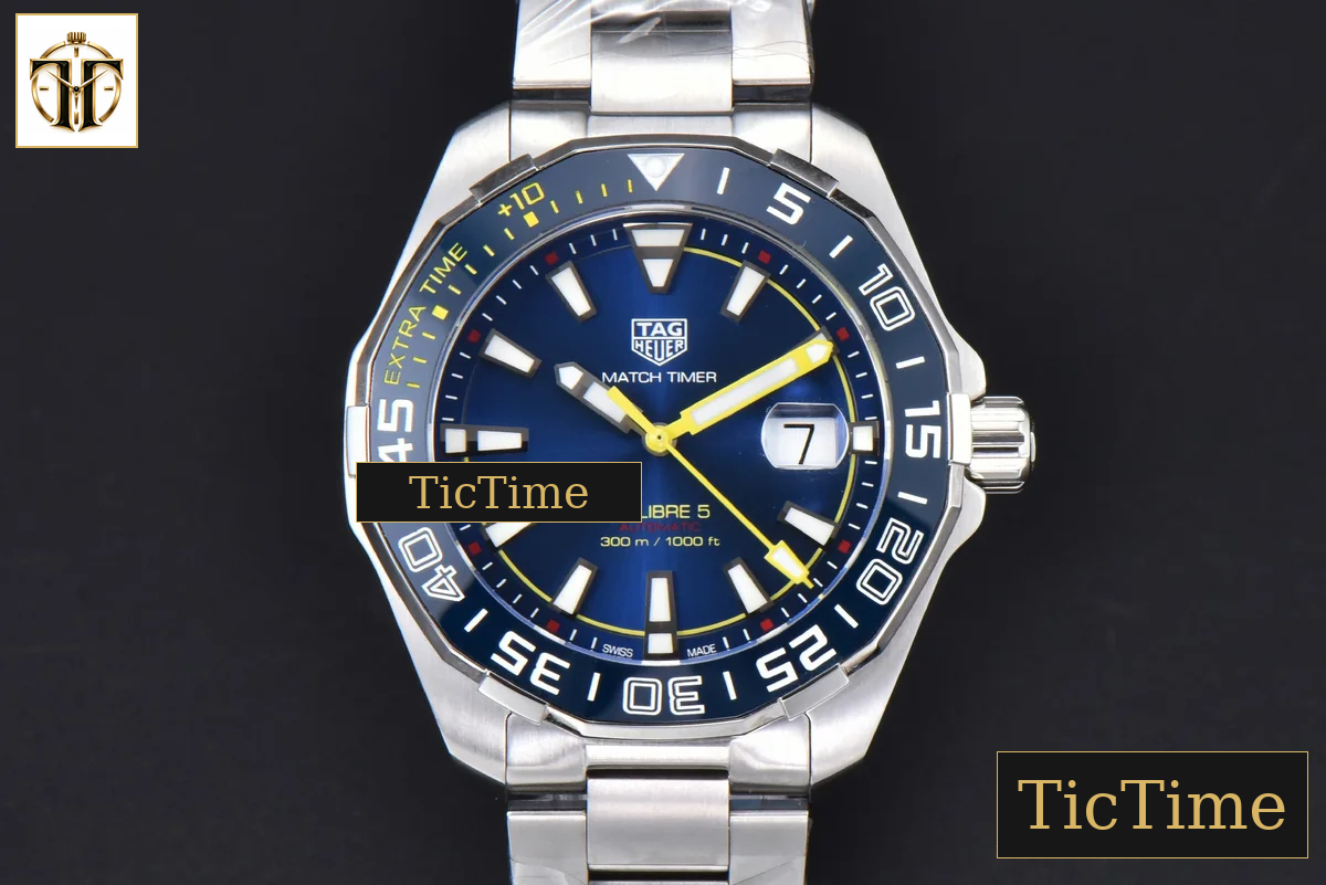 Aquaracer Calibre 5 43mm OF Blue Dial Blue Bezel Yellow Hands SS Bracelet Swiss SW200 — foto 2