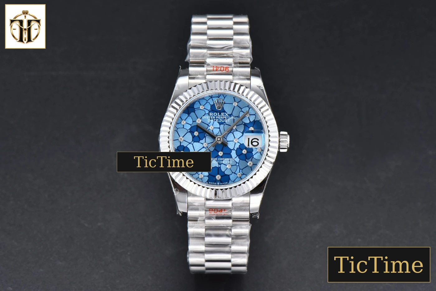 Vista frontal — DateJust 904L Fluted Bezel 31mm GMF Blue Flowers Dial President Bracelet A2824