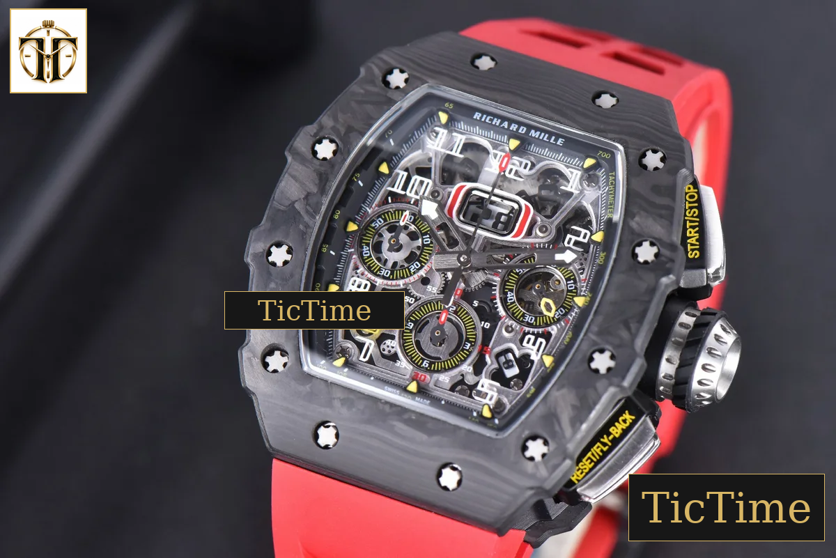 NTPT Chrono RM011 KVF Skeleton Dial Black Crown Red Rubber Strap V2 A7750 — foto 4