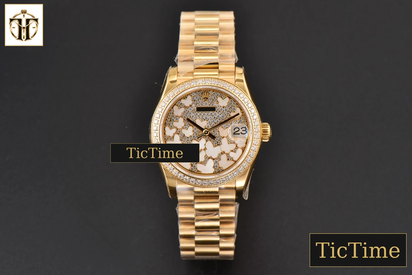 Vista frontal — DateJust Ladies 904L 31mm WF YG Diamond Butterfly Dial Oyster Bracelet A2671