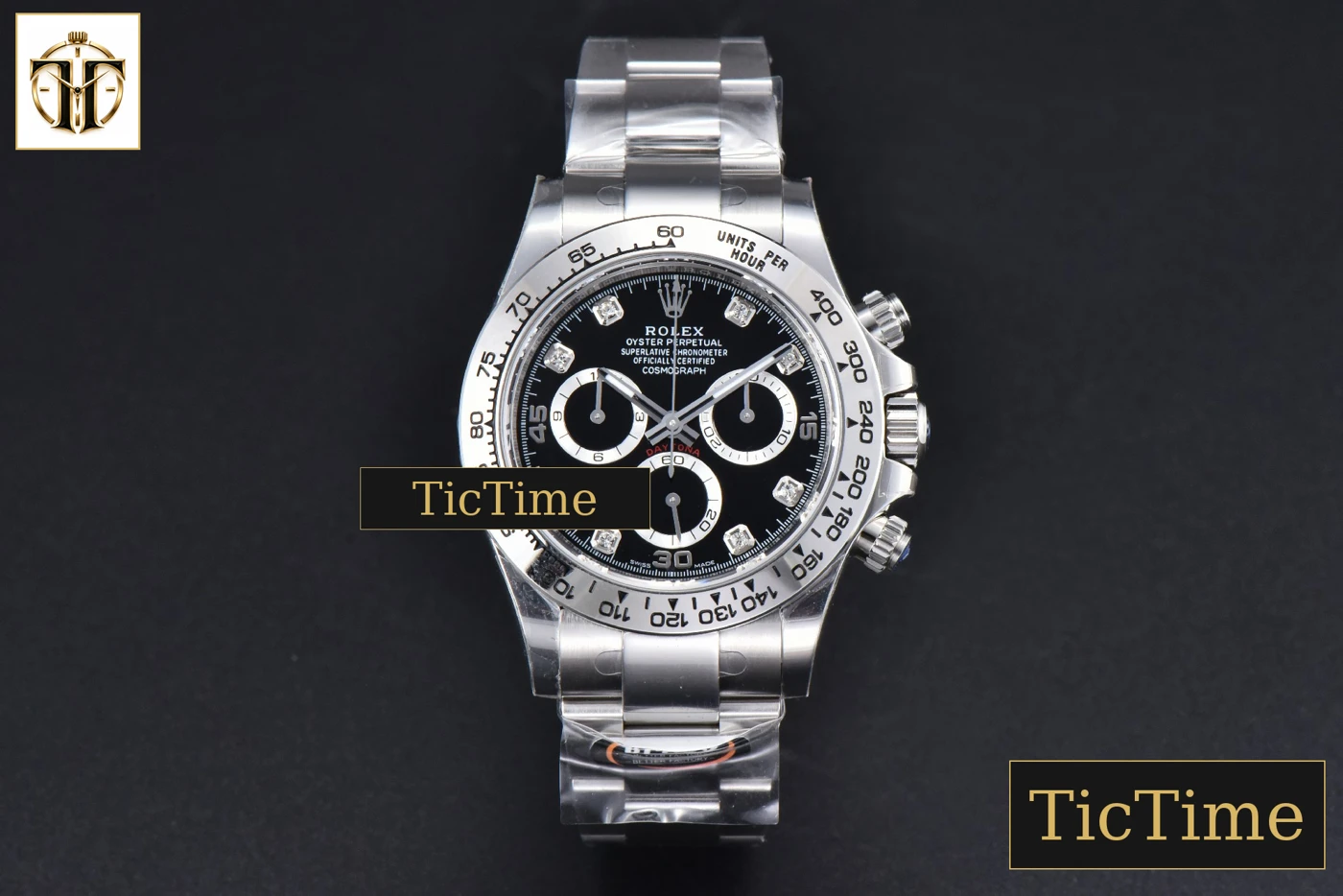 Vista frontal — Daytona 904L 116509 40mm BTF Black Dial Diamond Marker SS Bracelet SA4130