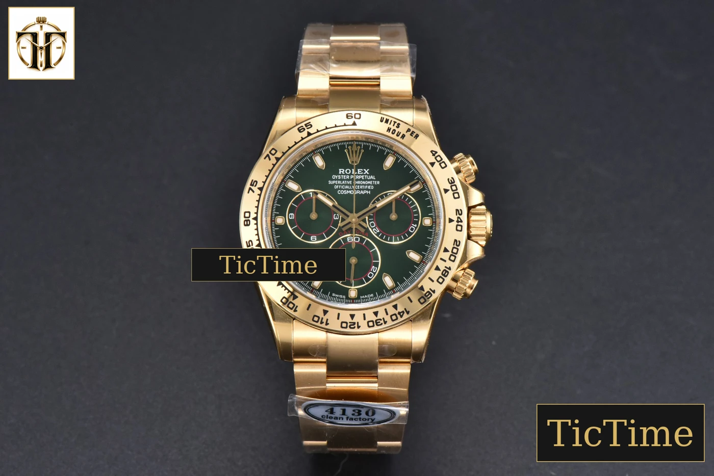 Vista frontal — Daytona 116508 40mm Clean Factory YG 904L Green Dial YG Bracelet SA4130