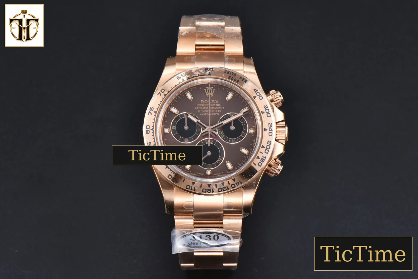 Vista frontal — Daytona 116505 40mm Clean Factory RG Brown Dial Black Subdials RG Bracelet A4130