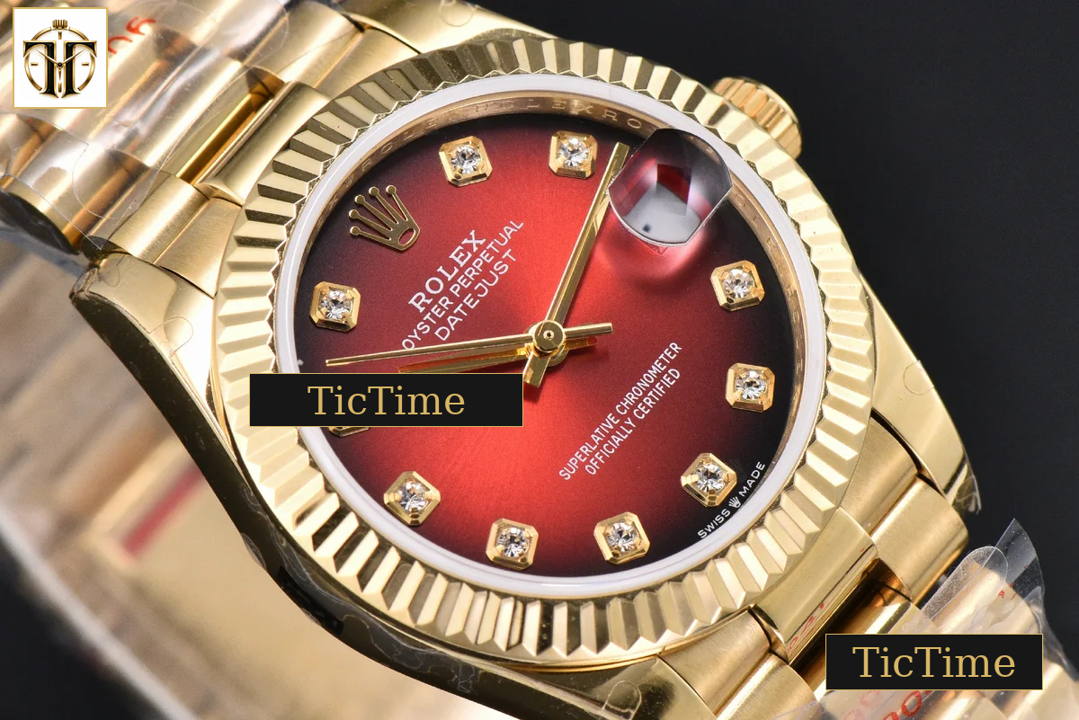 DateJust 31mm GMF YG Fluted Bezel Red Dial Diamond Marker President Bracelet A2824 — foto 13