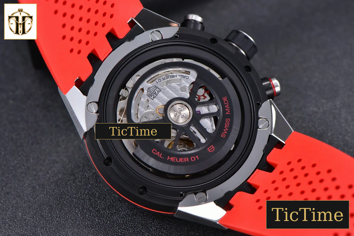 Calibre Heuer 01 Chrono 45mm XF Skeleton Dial Red Hand Red Rubber Strap A1887 — foto 18