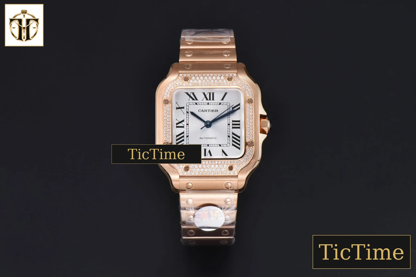 Vista frontal — Santos de Cartier Medium 35mm BVF RG Diamond Bezel White Dial RG Bracelet Miyota 9039
