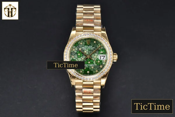 Foto frontal — DateJust 904L 31mm GMF YG Diamond Bezel Green Flowers Dial President Bracelet A2824