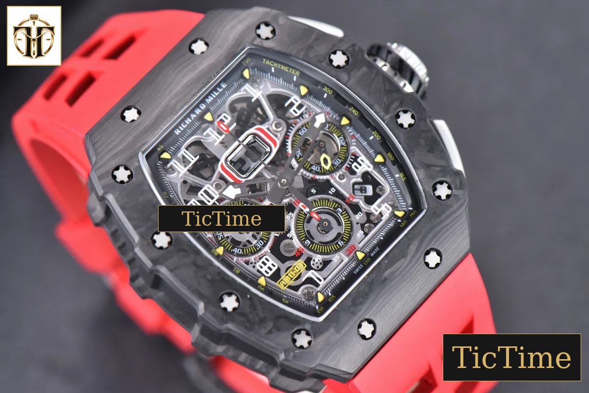 NTPT Chrono RM011 KVF Skeleton Dial Black Crown Red Rubber Strap V2 A7750 — foto 12