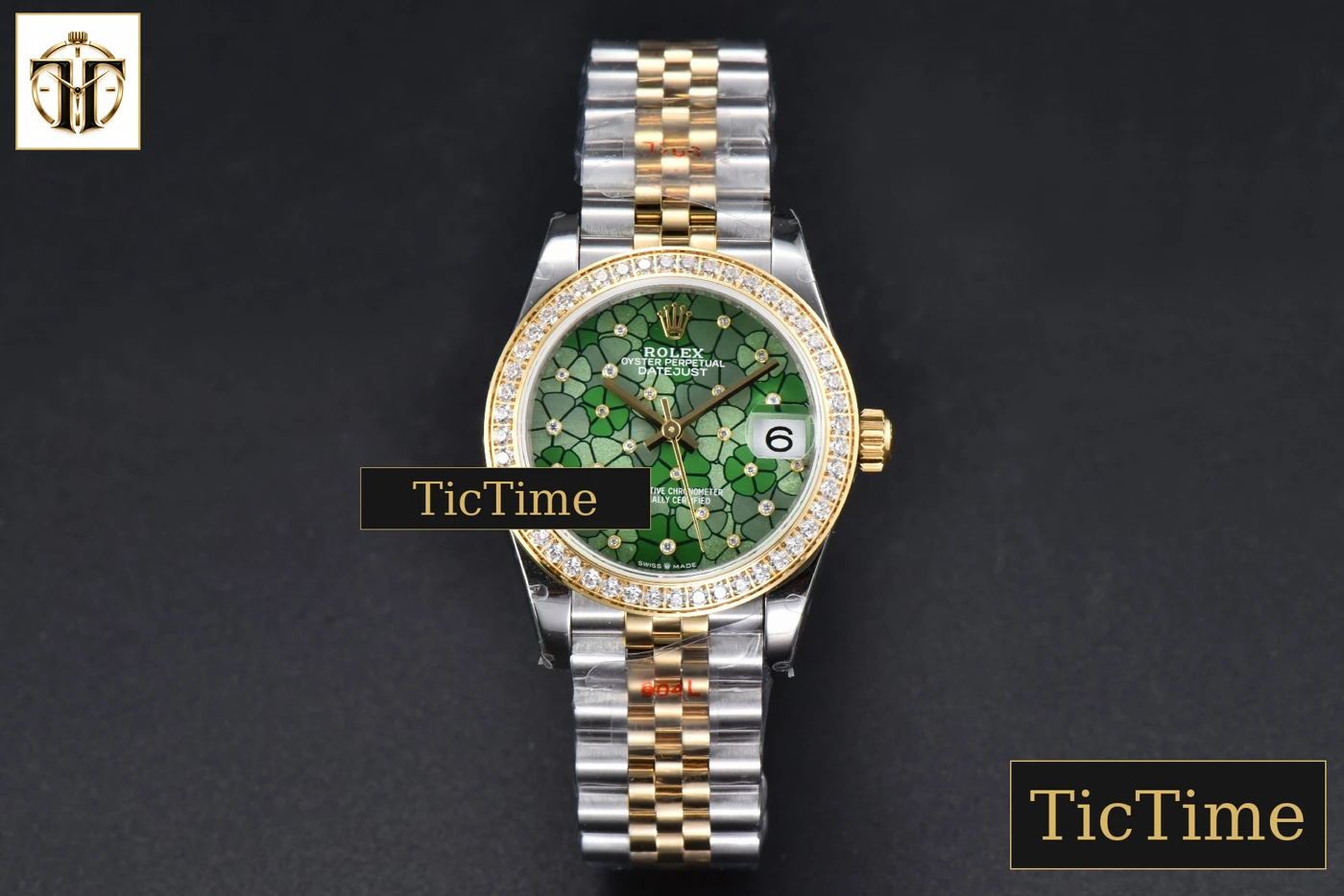 Vista frontal — DateJust 904L 31mm GMF YG Diamond Bezel Green Flowers Dial Jubilee Bracelet A2824