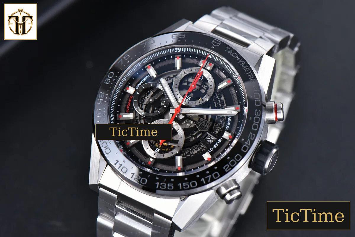 Calibre Heuer 01 Chrono 45mm XF PVD Skeleton Dial Red Hand SS Bracelet A1887 — foto 5