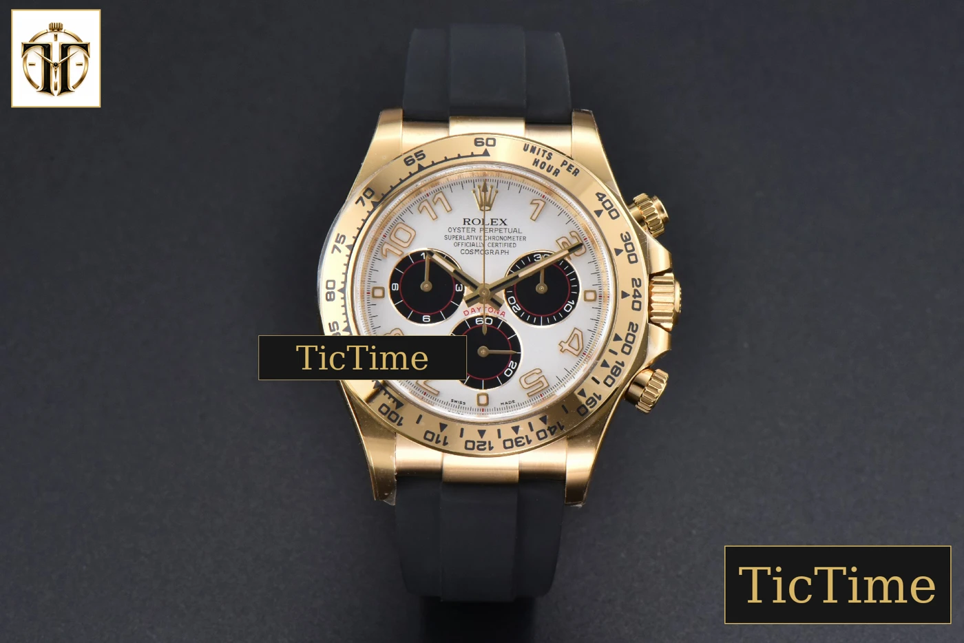 Vista frontal — Daytona 904L 116509 Clean Factory YG White Dial Black Subdial Oysterflex Strap SA4130