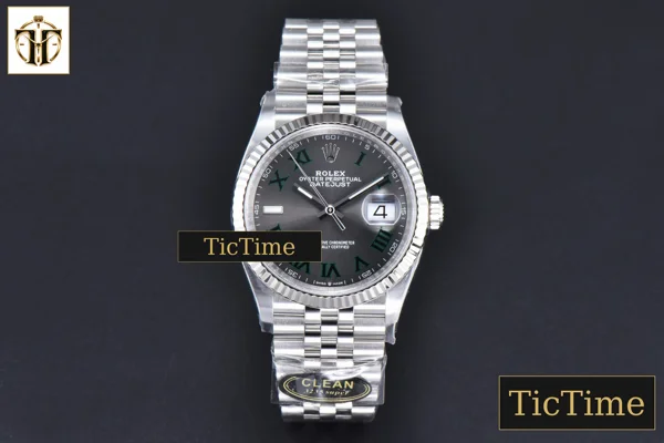 Foto frontal — DateJust Wimbledon 126234 36mm Clean Factory Gray Dial Green Marker Jubilee Bracelet VR3235