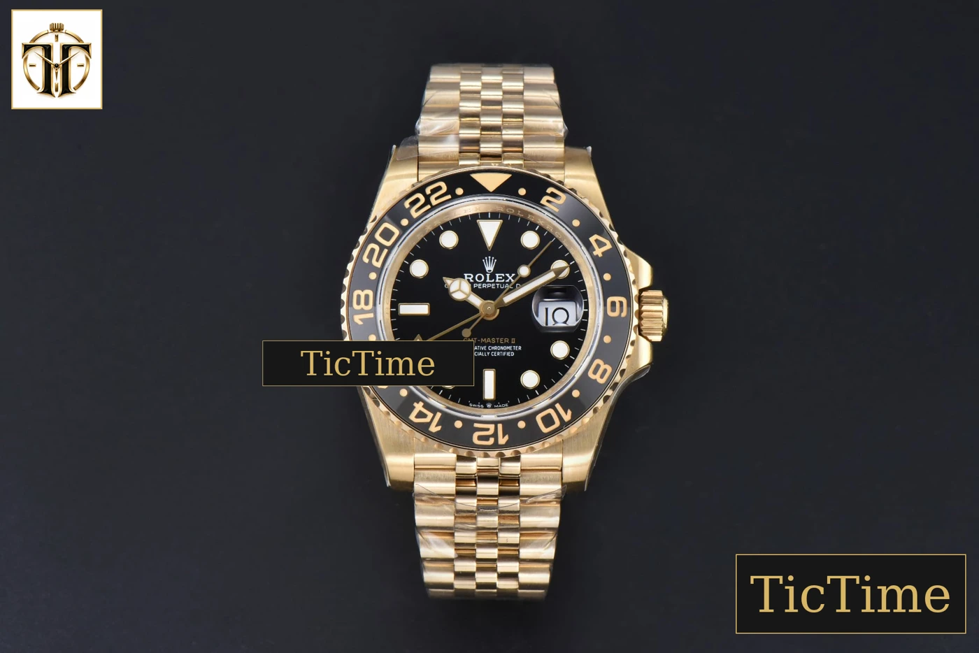 Vista frontal — GMT Master II 904L 126718 40mm GMF YG Black Dial YG Jubilee Bracelet SH3285