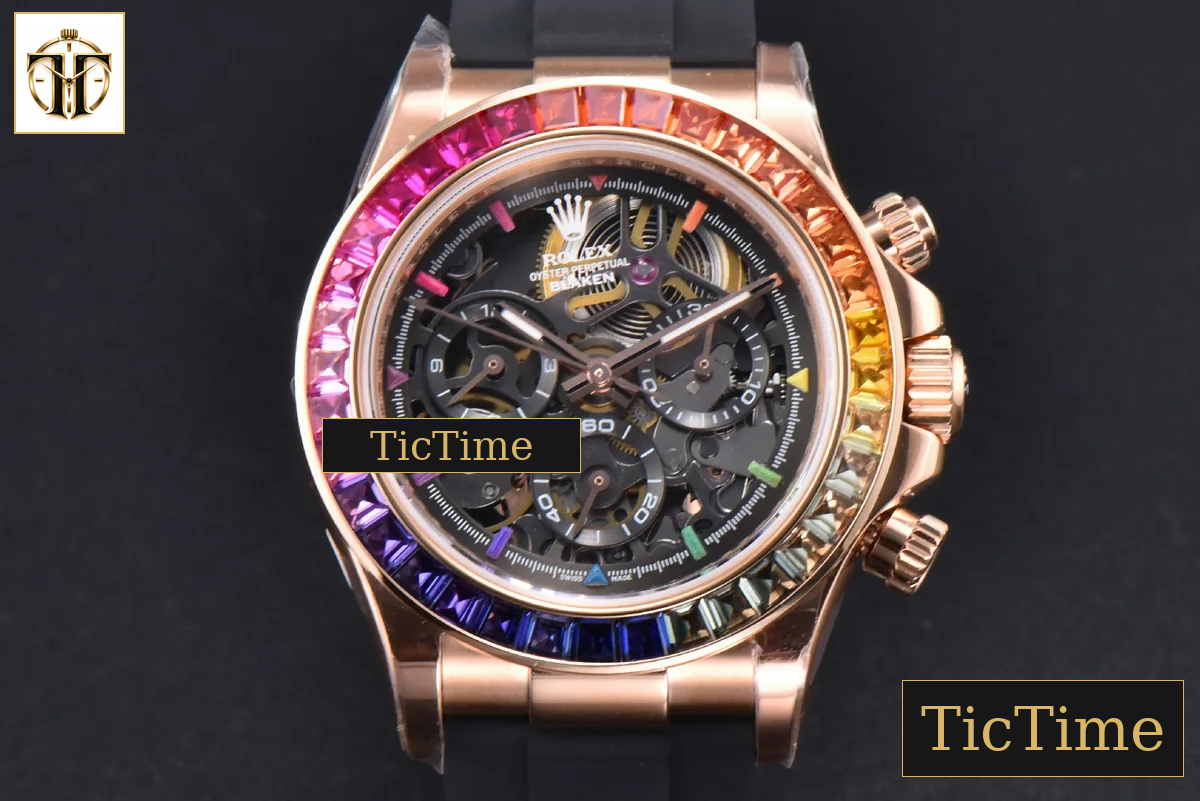 Daytona 40mm GETF PVD RG Carbon Rainbow Diamond Skeleton Dial Black Rubber Strap SA4130 — foto 2