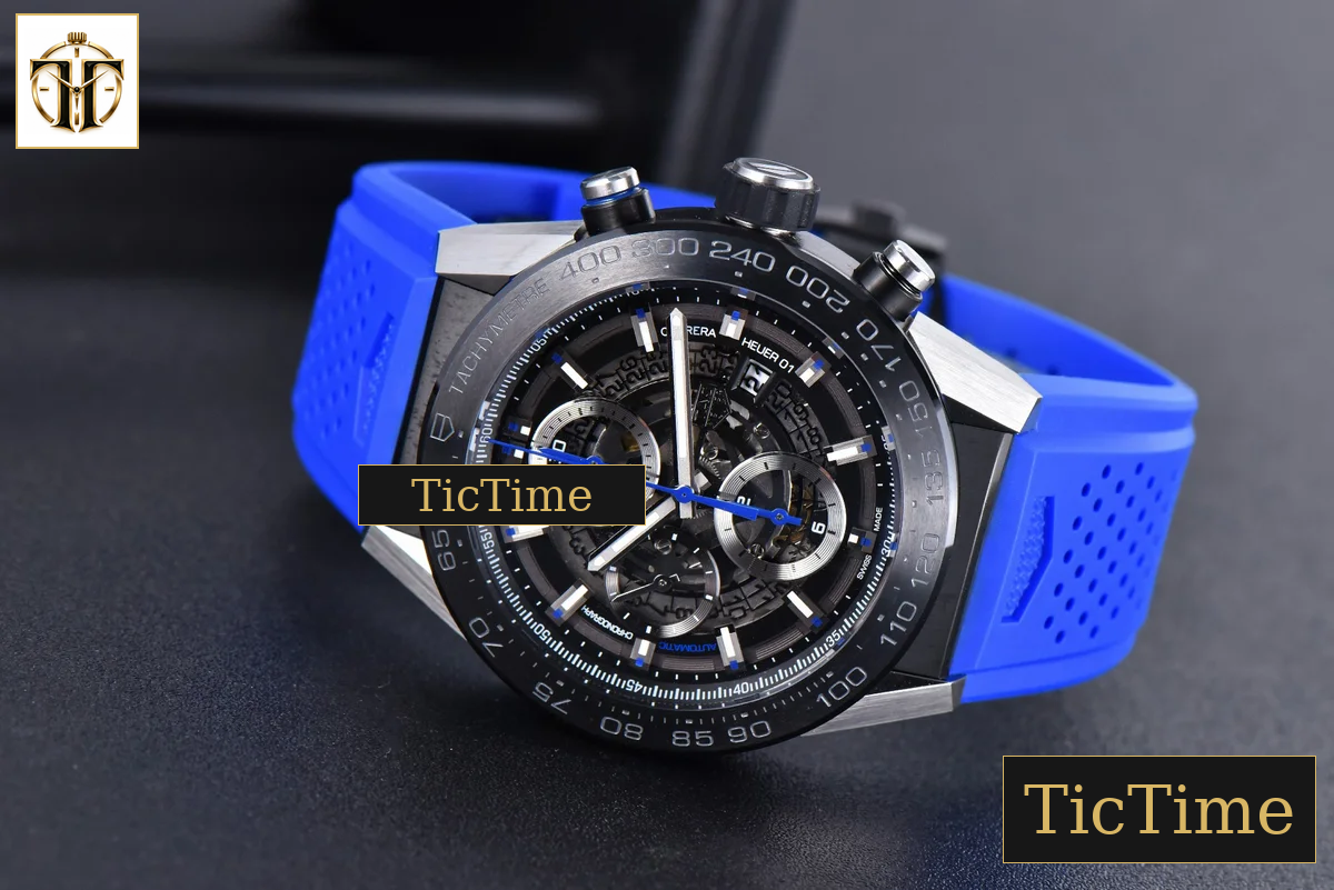 Calibre Heuer 01 Chrono 45mm XF PVD Skeleton Dial Blue Hand Blue Rubber Strap A1887 — foto 14