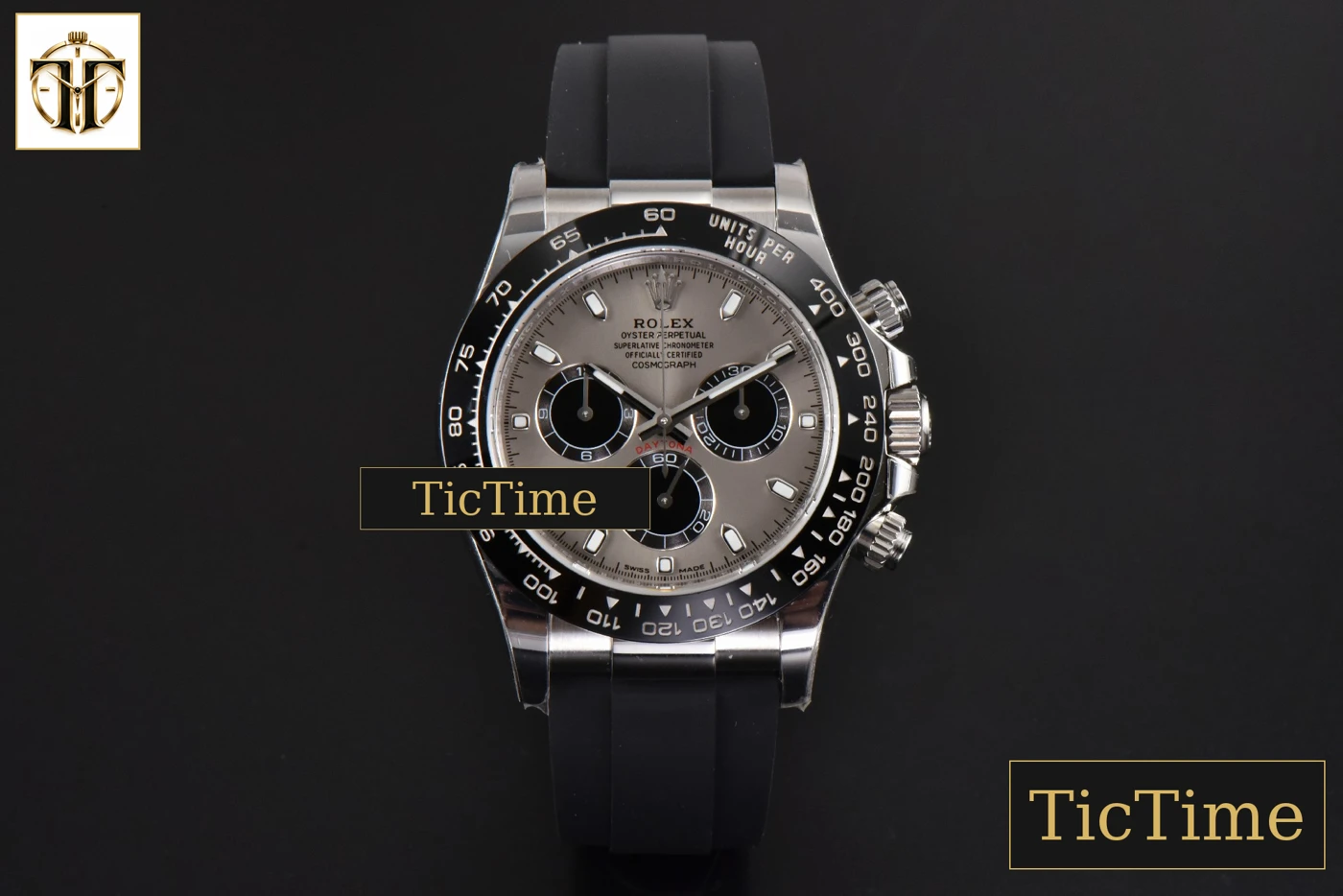 Vista frontal — Daytona 116519 40mm BTF Gray Dial Black Subdial Oysterflex Strap SA4130